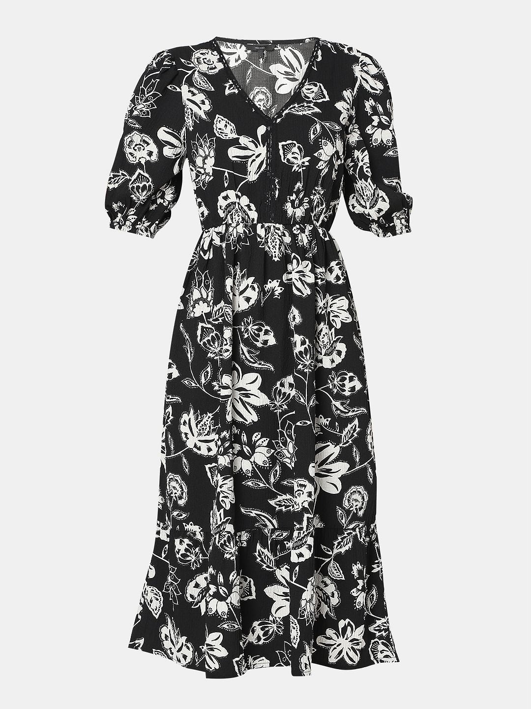 Black Printed Cotton Midi Dress