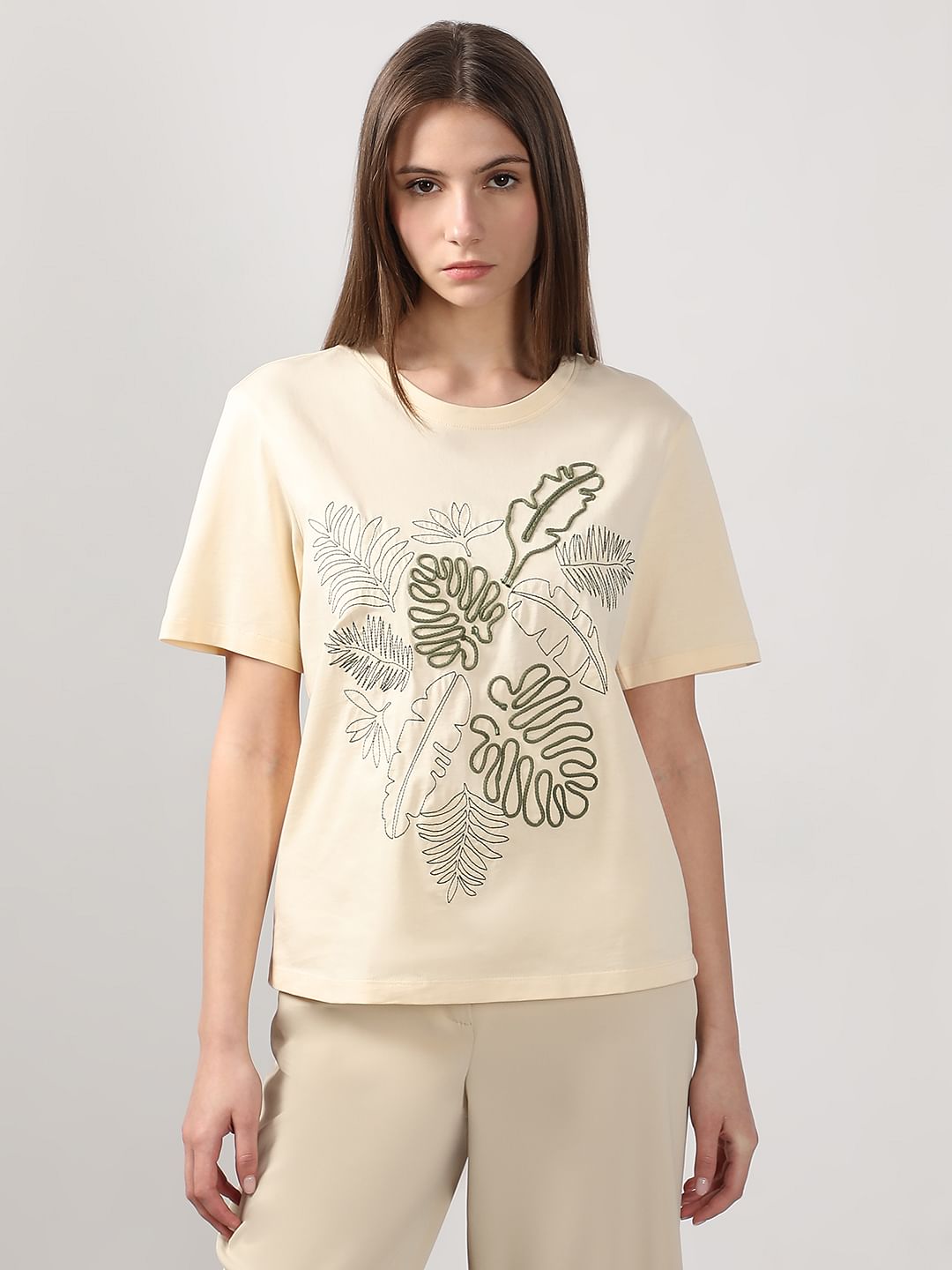 Ecru Cording Detail Cotton T-Shirt