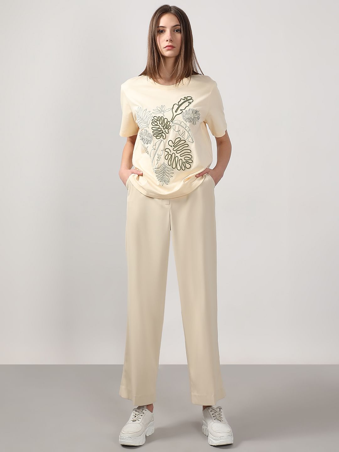 Ecru Cording Detail Cotton T-Shirt