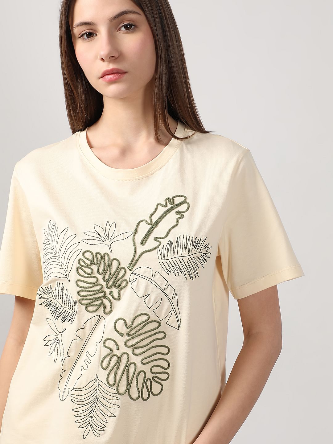 Ecru Cording Detail Cotton T-Shirt