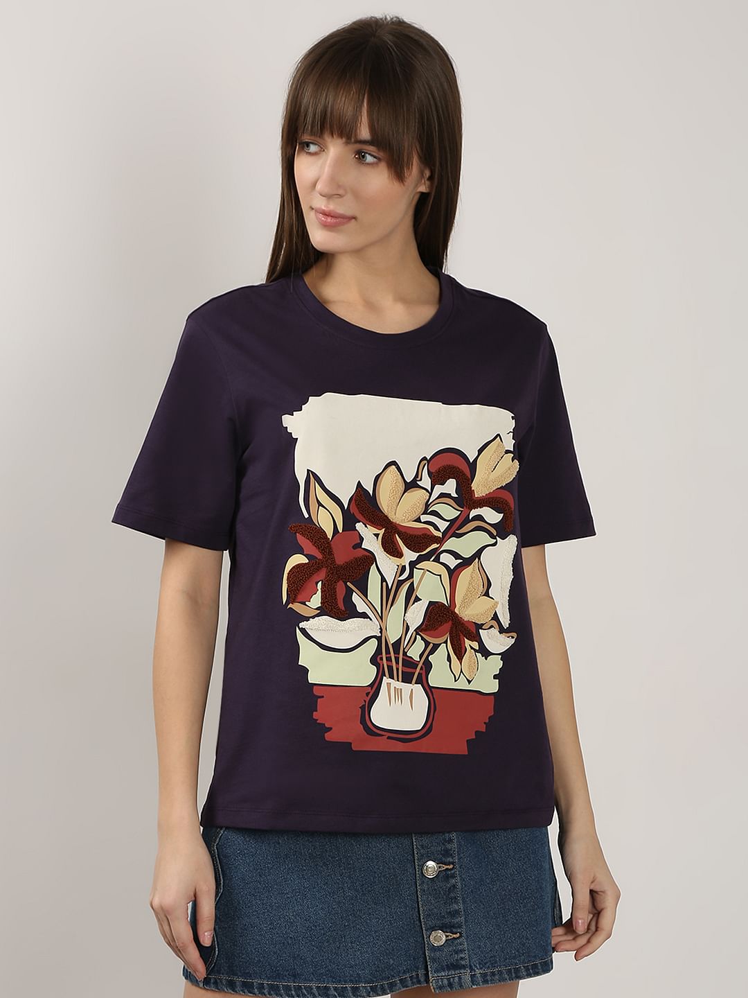 Dark Purple Graphic Print Cotton T-Shirt