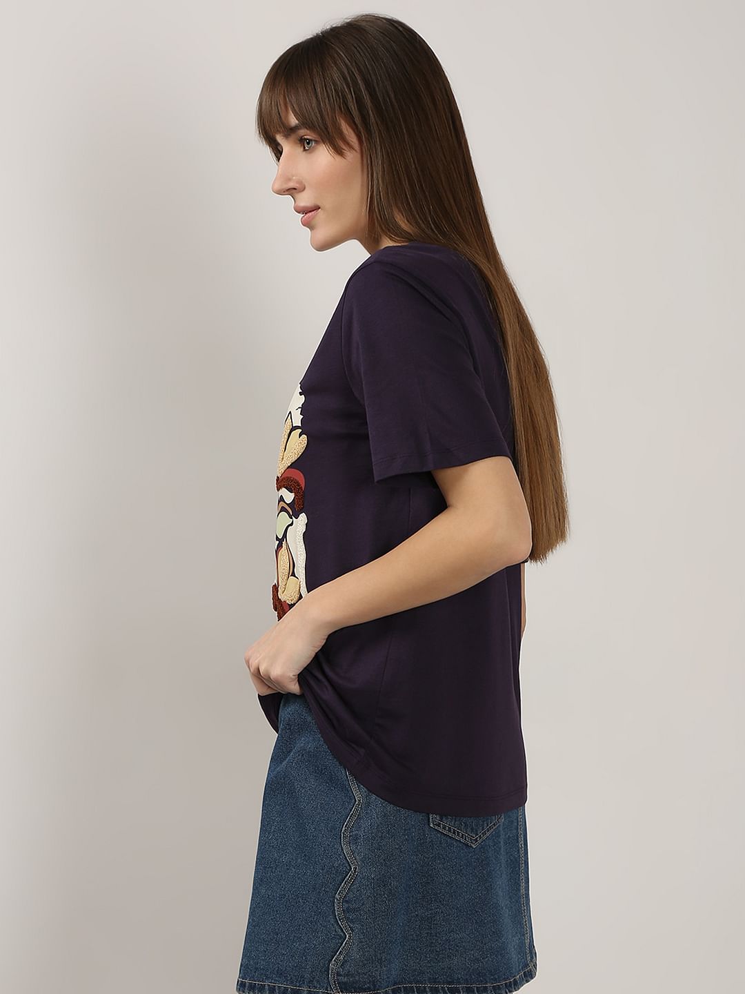 Dark Purple Graphic Print Cotton T-Shirt