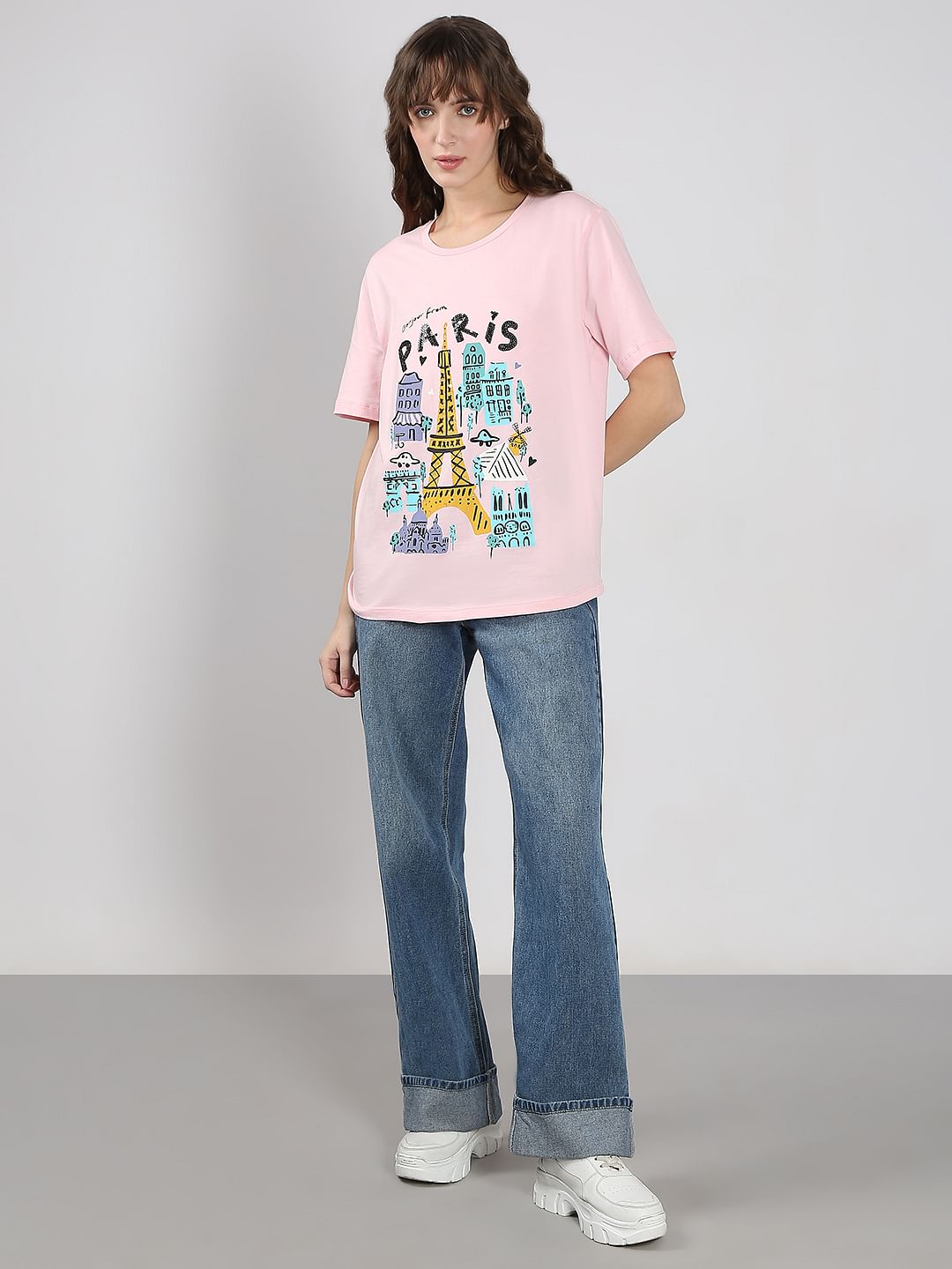 Pink Printed Cotton T-Shirt