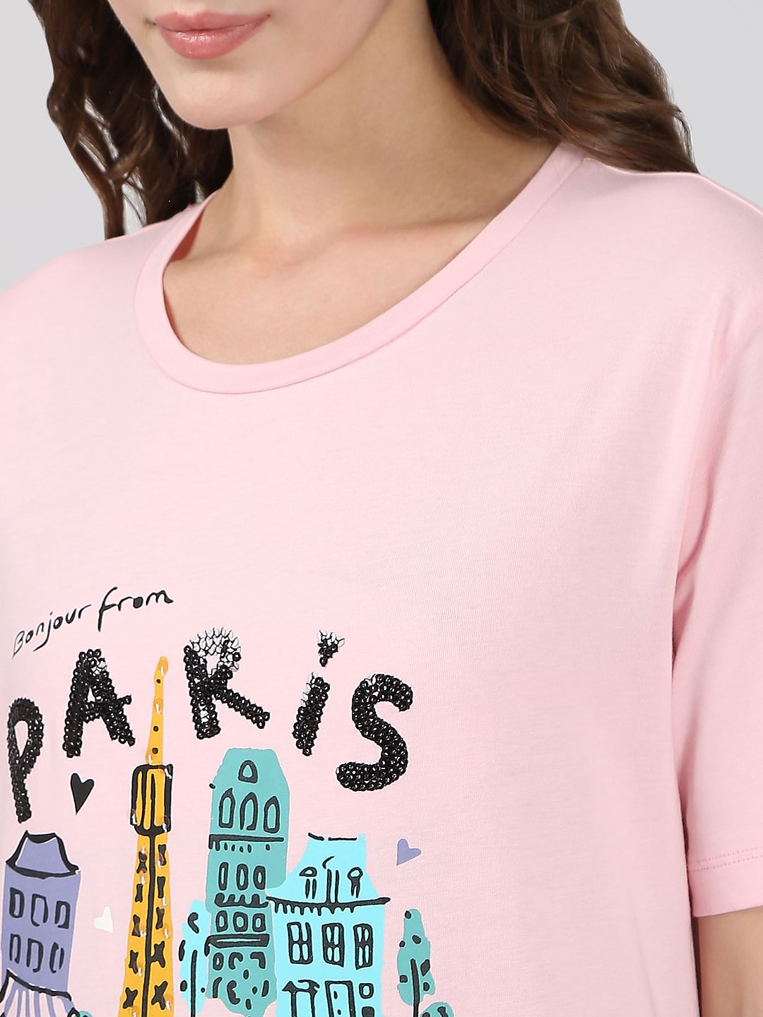 Pink Printed Cotton T-Shirt