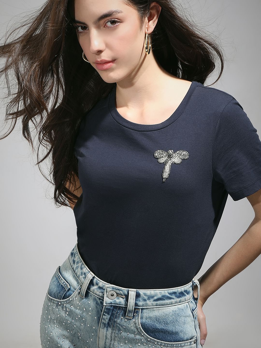 Navy Blue Motif Detail T-Shirt