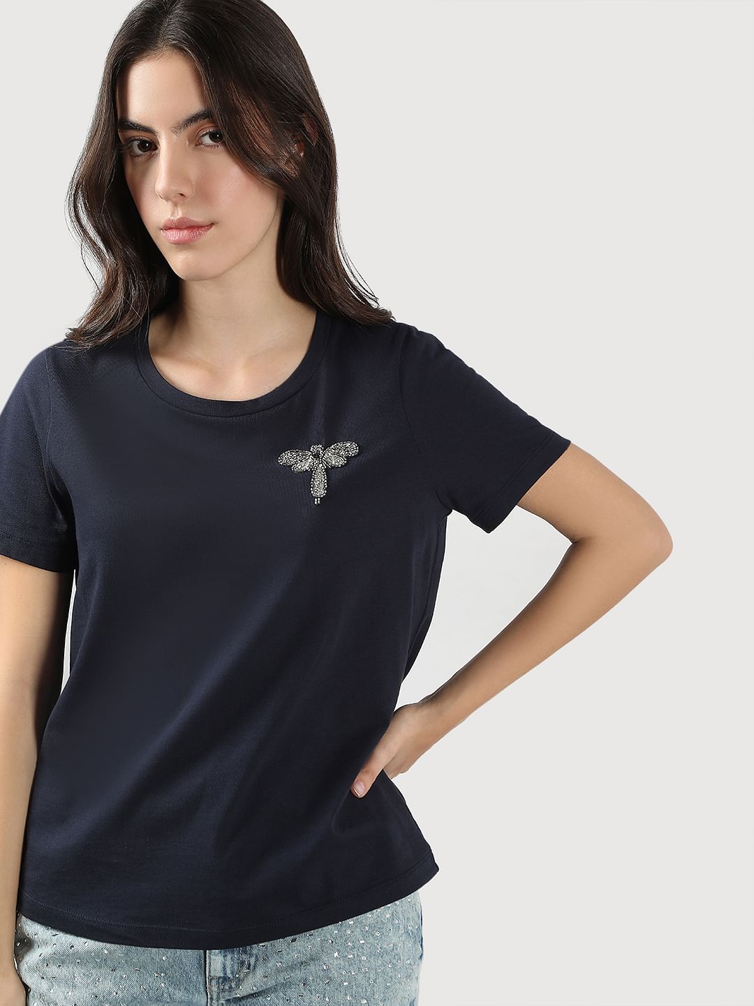 Navy Blue Motif Detail T-Shirt