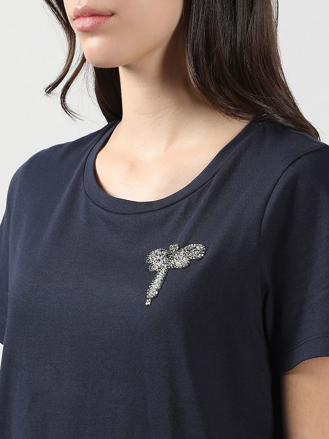 Navy Blue Motif Detail T-Shirt