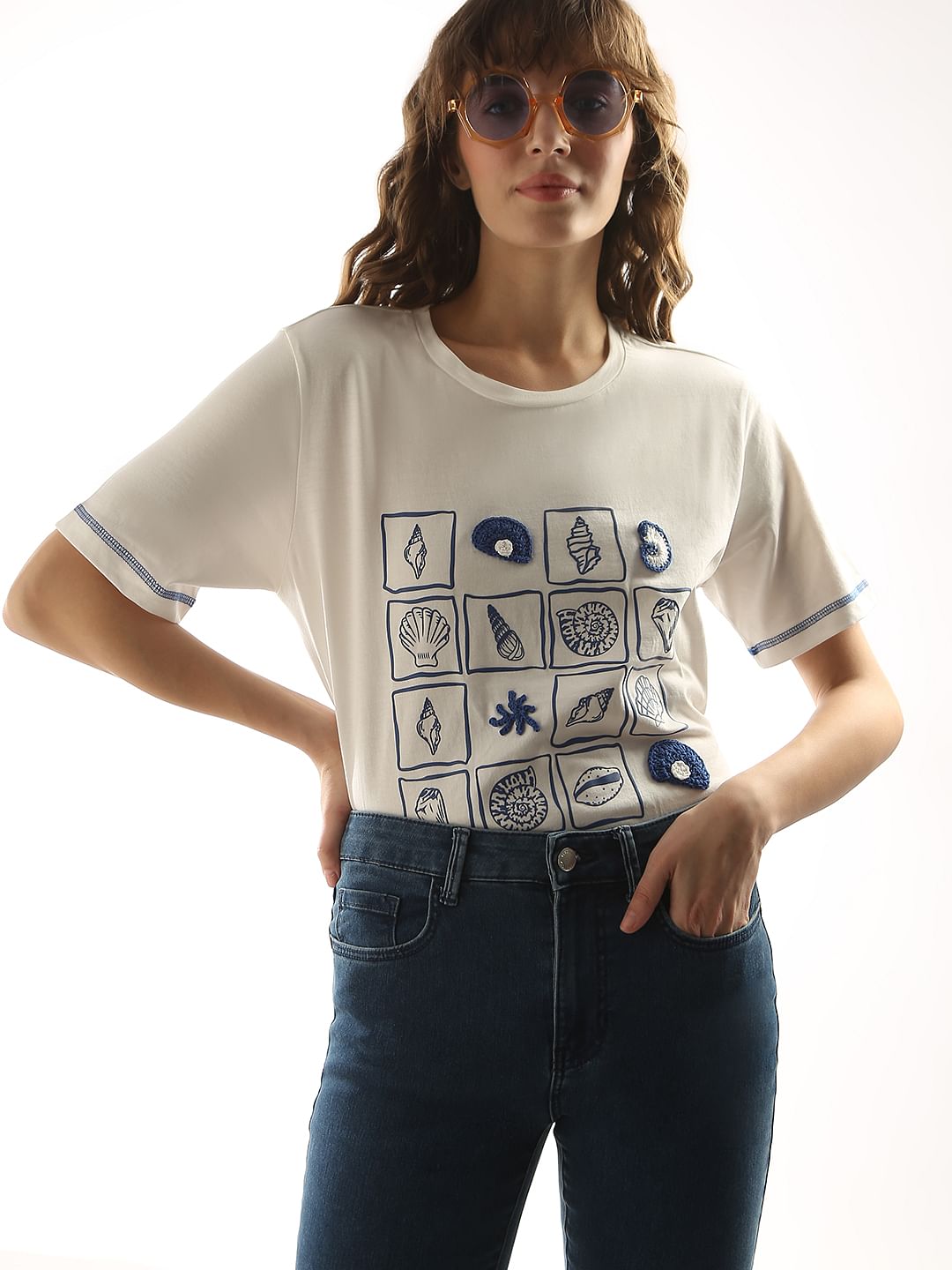 White Crochet Print T-Shirt