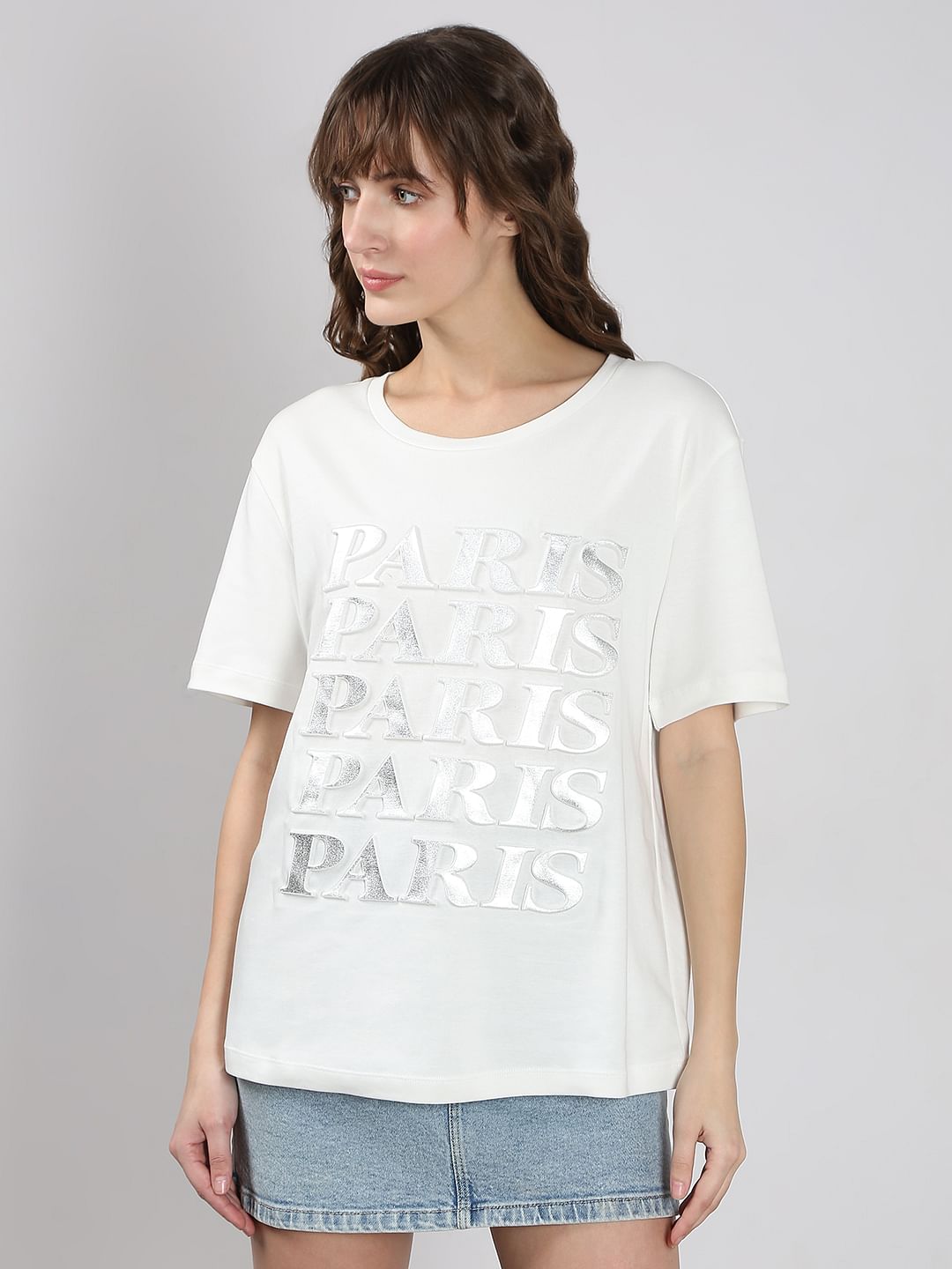 White Silver Text Cotton T-Shirt