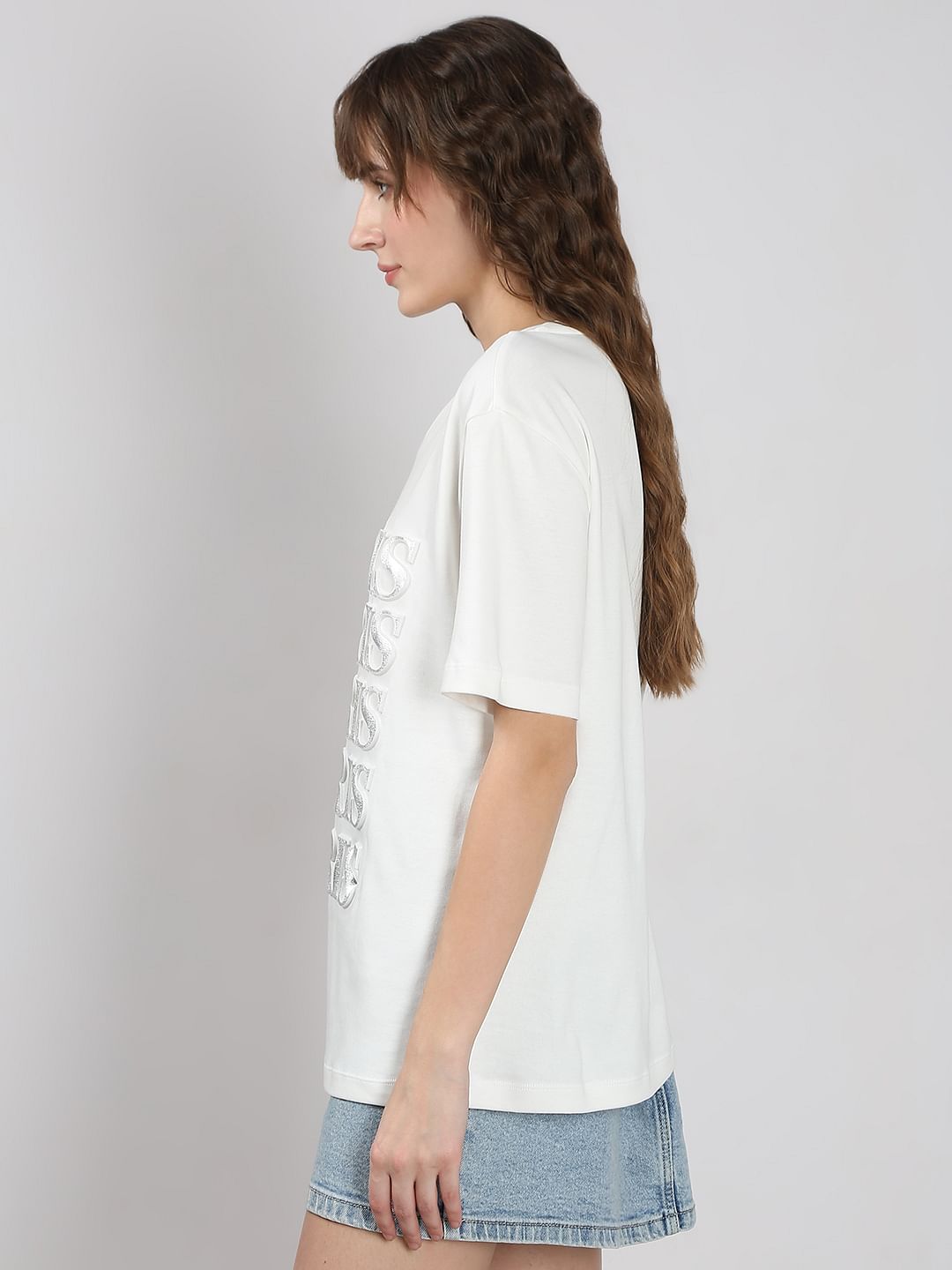 White Silver Text Cotton T-Shirt