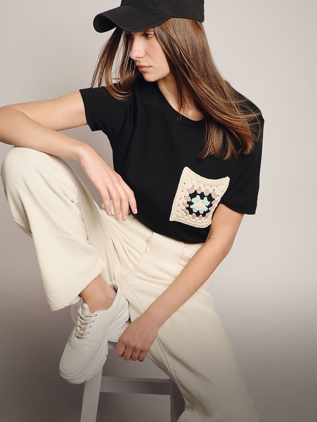 Black Crochet Pocket T-Shirt