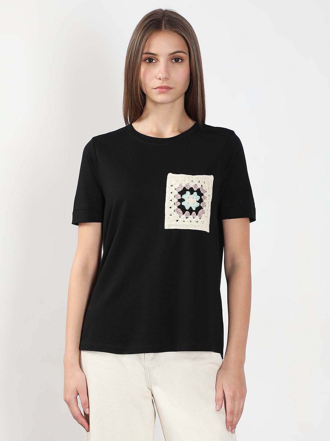 Black Crochet Pocket T-Shirt