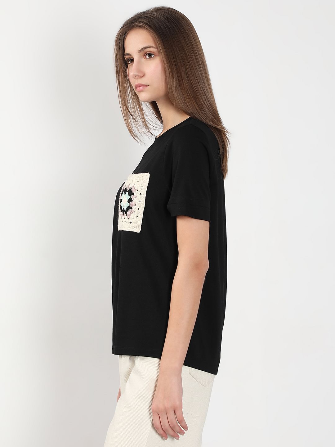 Black Crochet Pocket T-Shirt