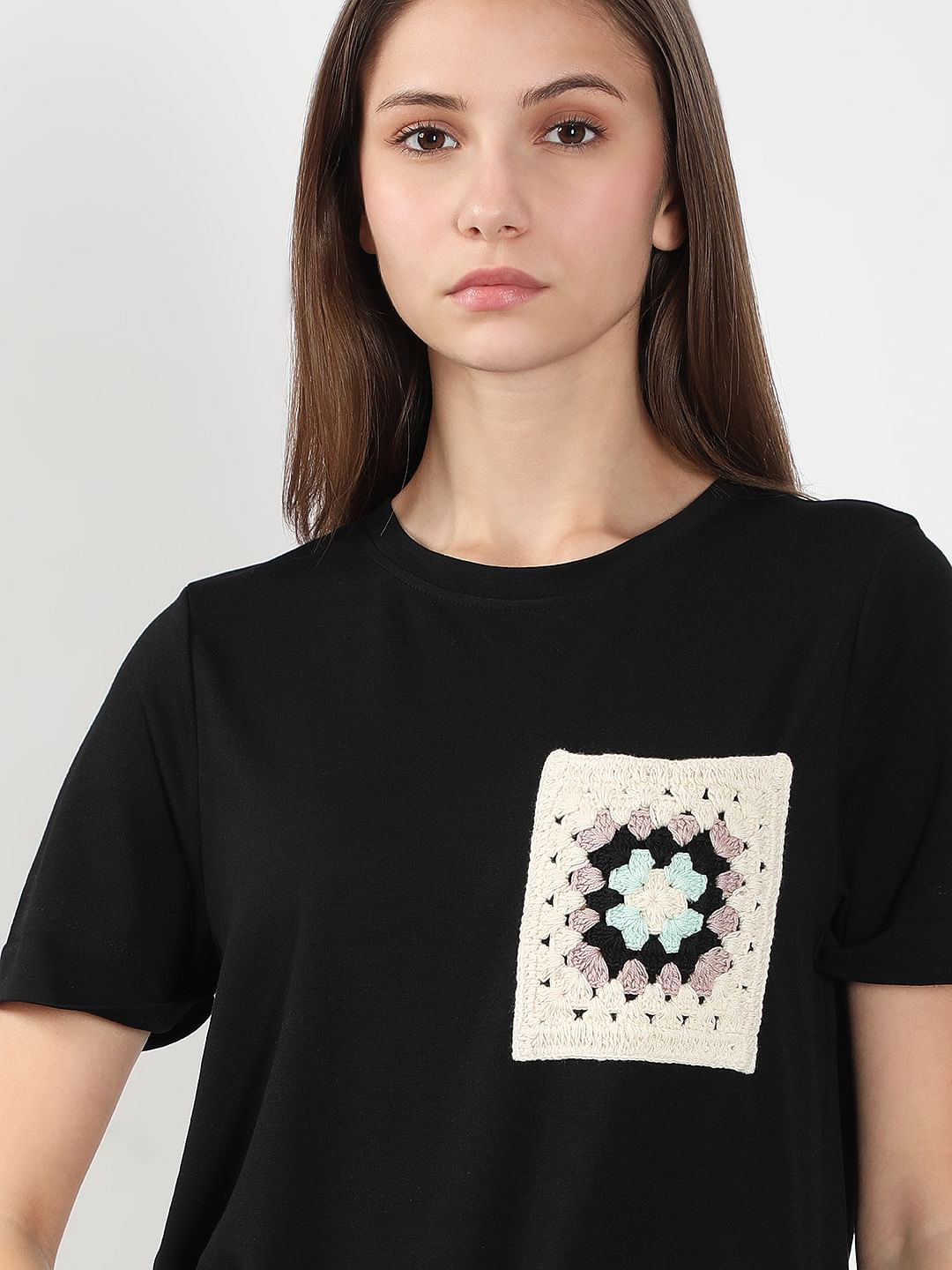 Black Crochet Pocket T-Shirt