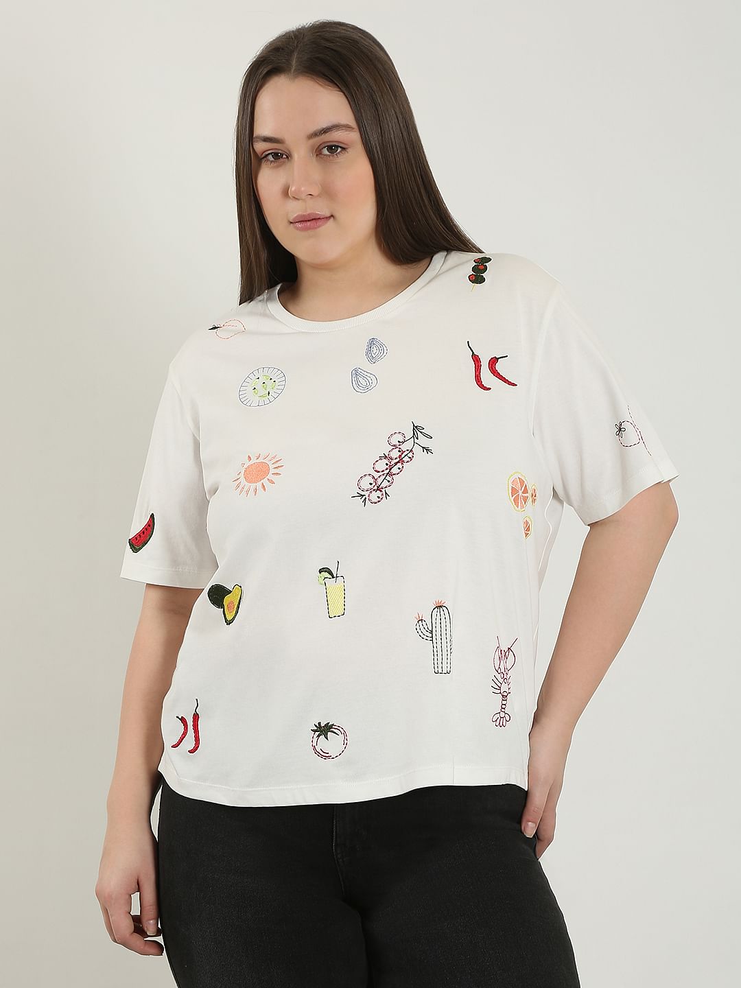 Curve White Printed Cotton T-Shirt