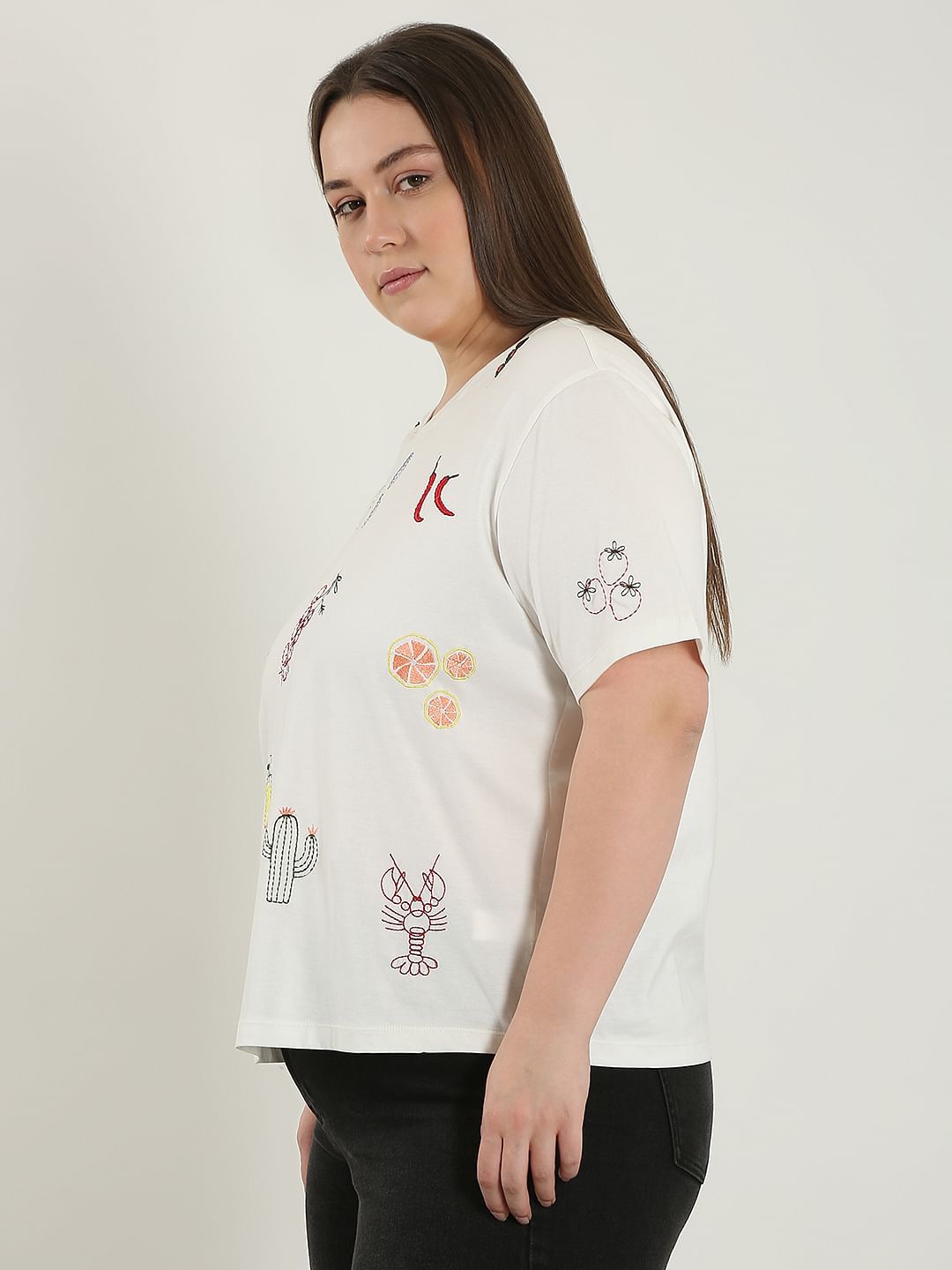 Curve White Printed Cotton T-Shirt