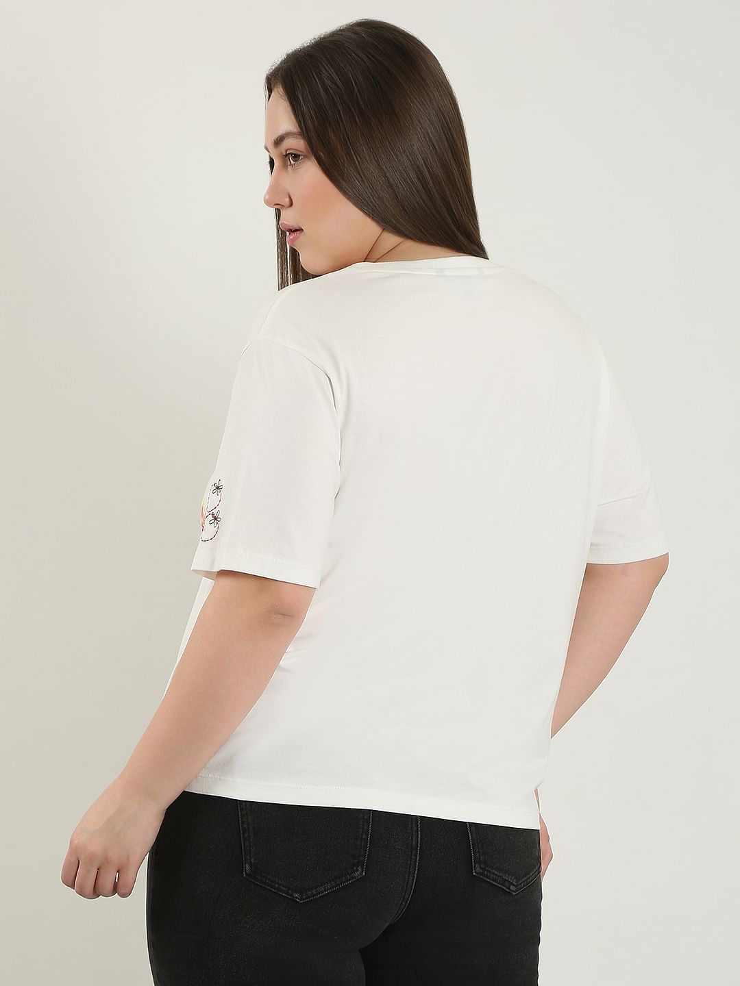 Curve White Printed Cotton T-Shirt
