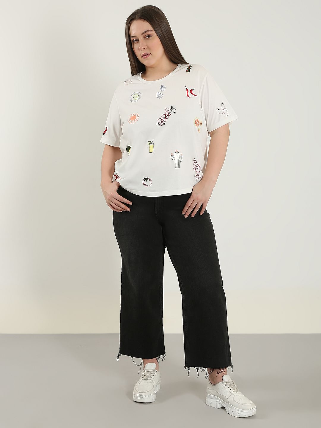 Curve White Printed Cotton T-Shirt