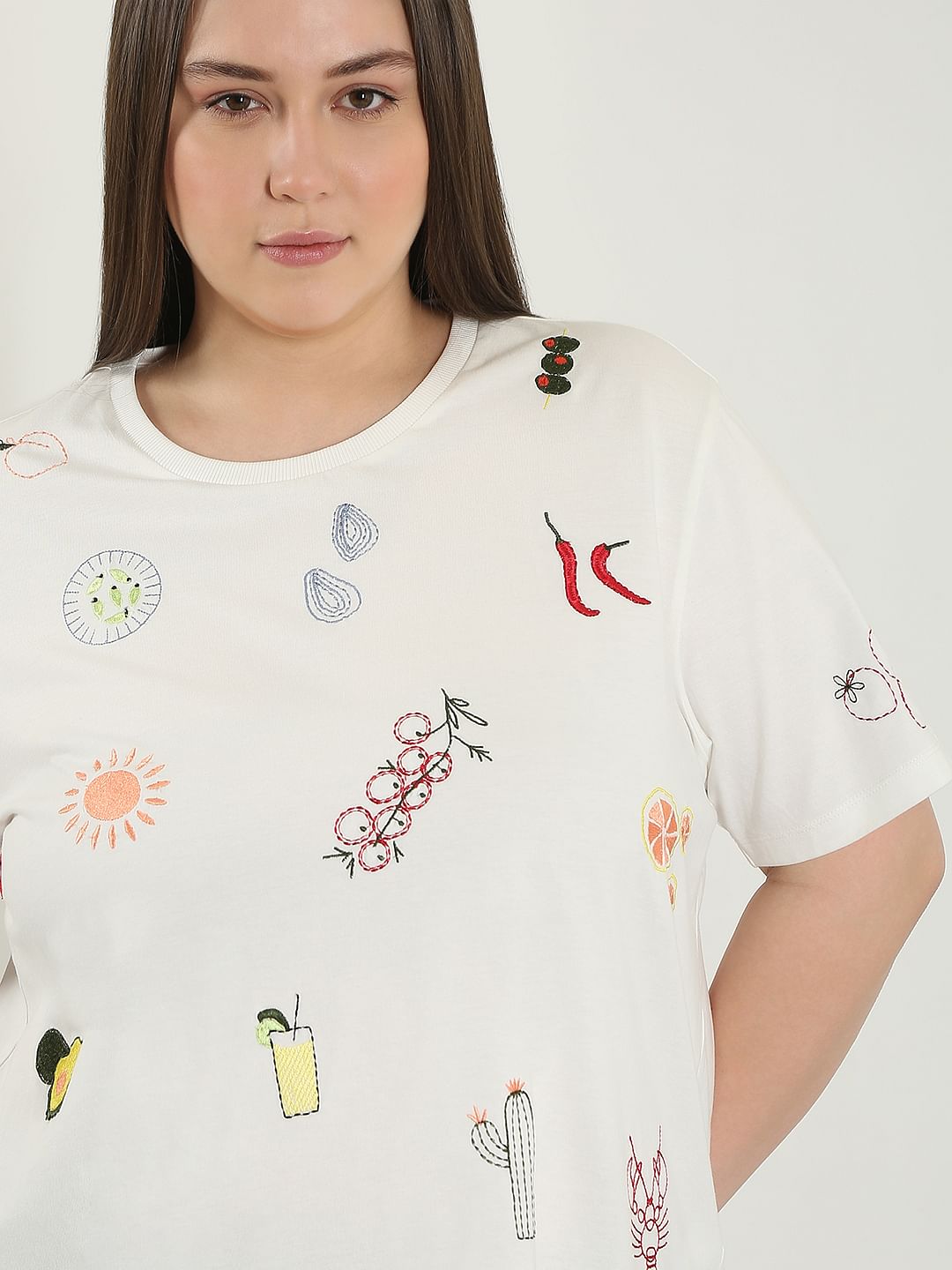 Curve White Printed Cotton T-Shirt