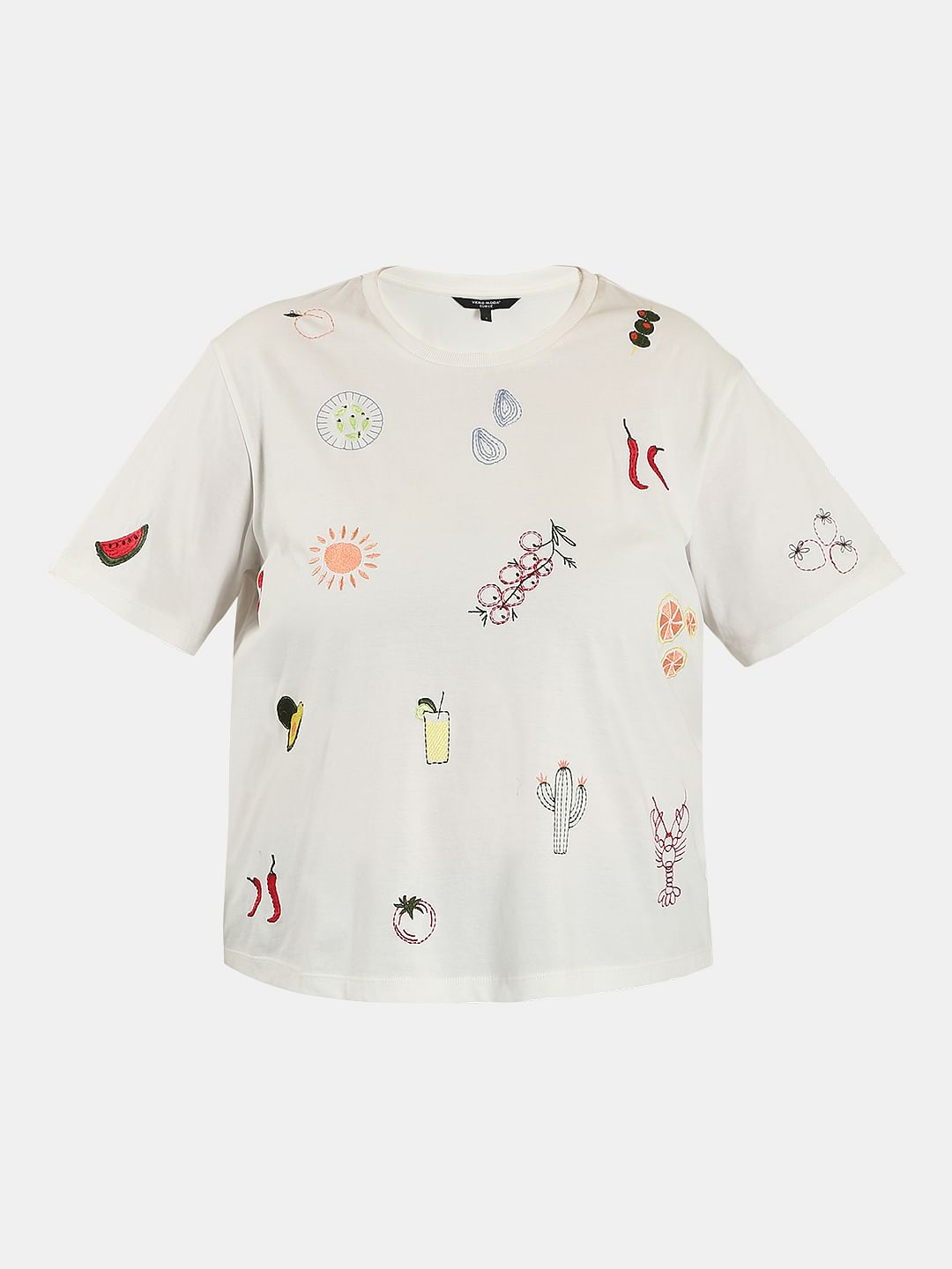 Curve White Printed Cotton T-Shirt