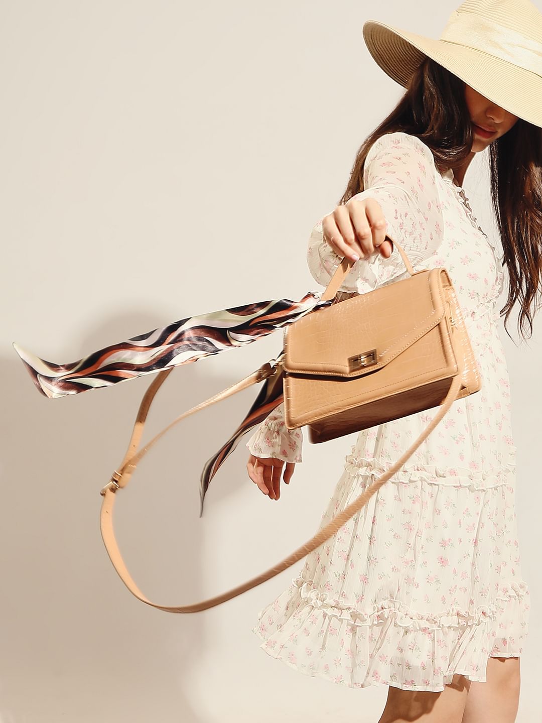 Beige Textured Sling Bag