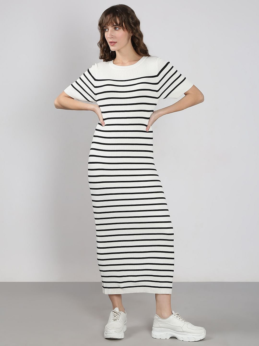 White Striped Ankle Length Dress
