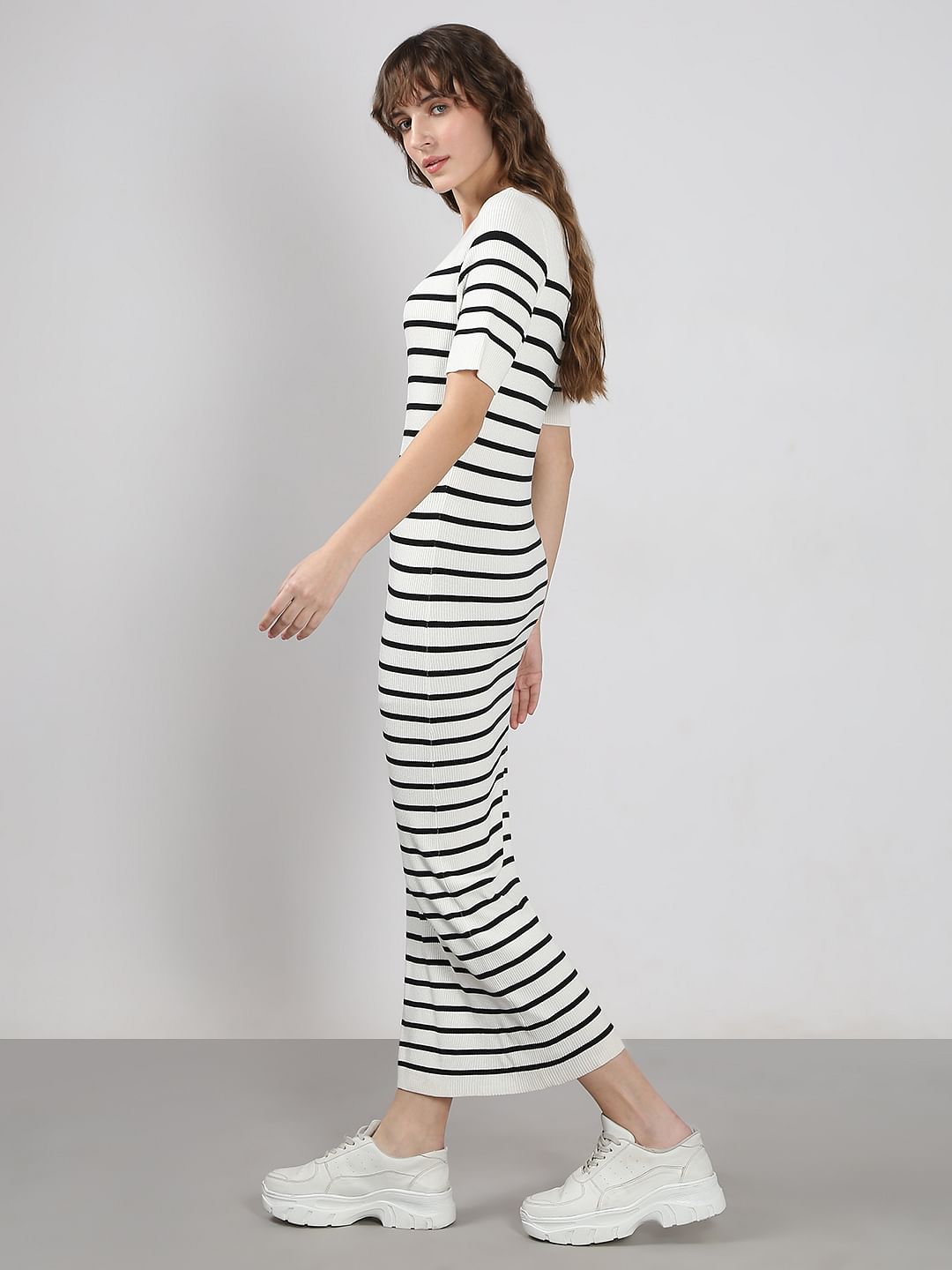 White Striped Ankle Length Dress