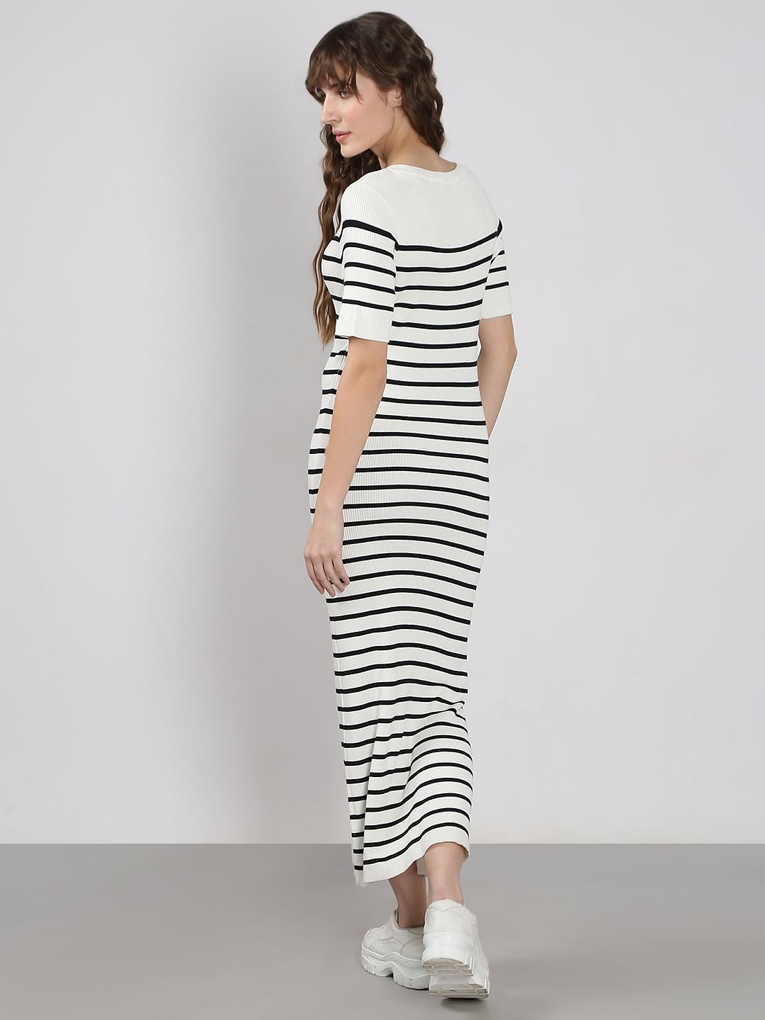 White Striped Ankle Length Dress