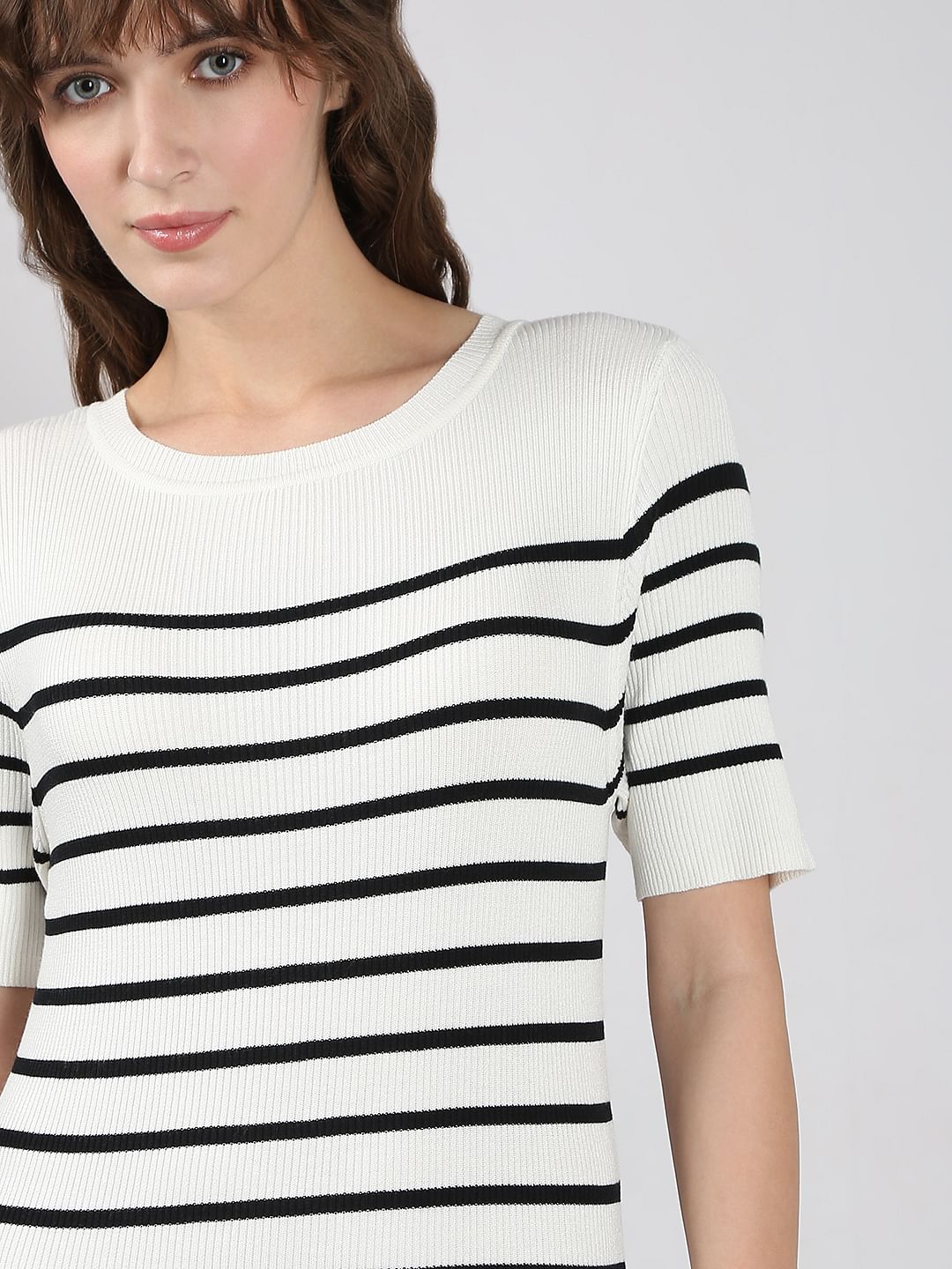 White Striped Ankle Length Dress