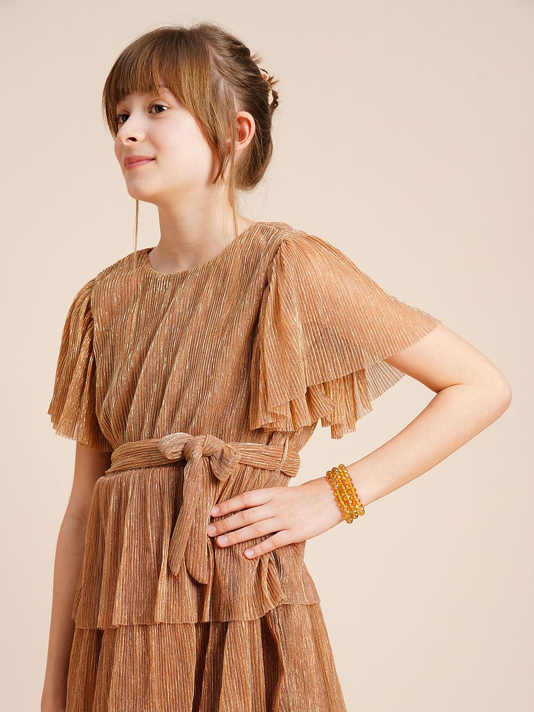 Girls Bronze Shimmer Layered Dress