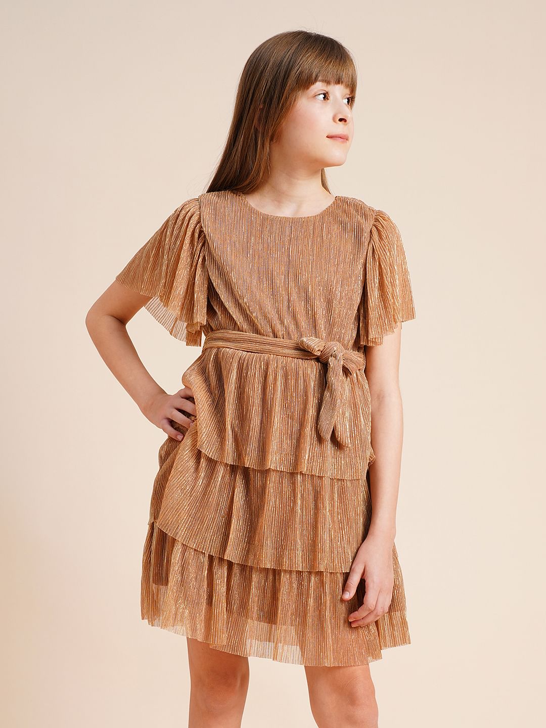 Girls Bronze Shimmer Layered Dress