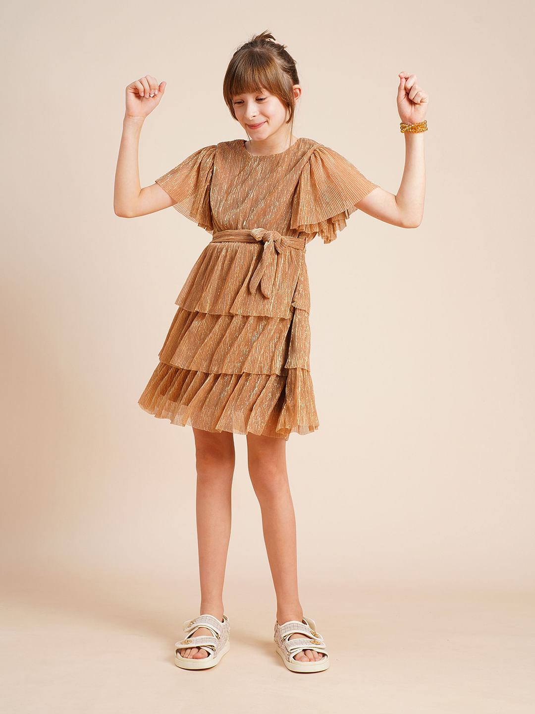Girls Bronze Shimmer Layered Dress
