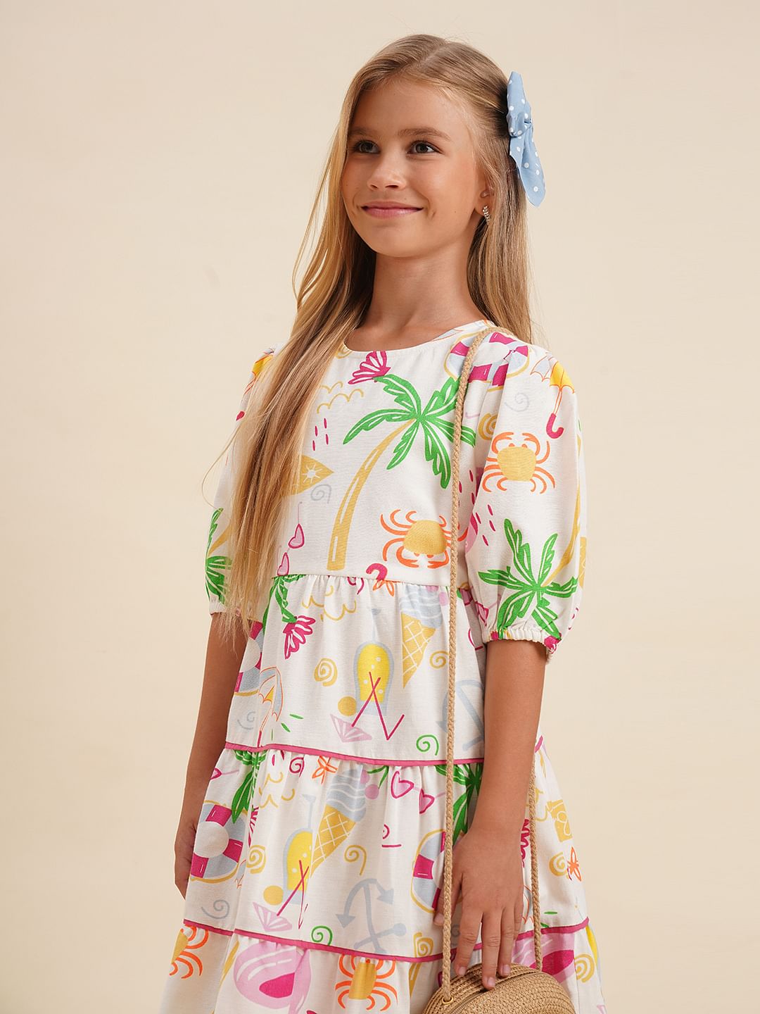 Girls White Printed Dress