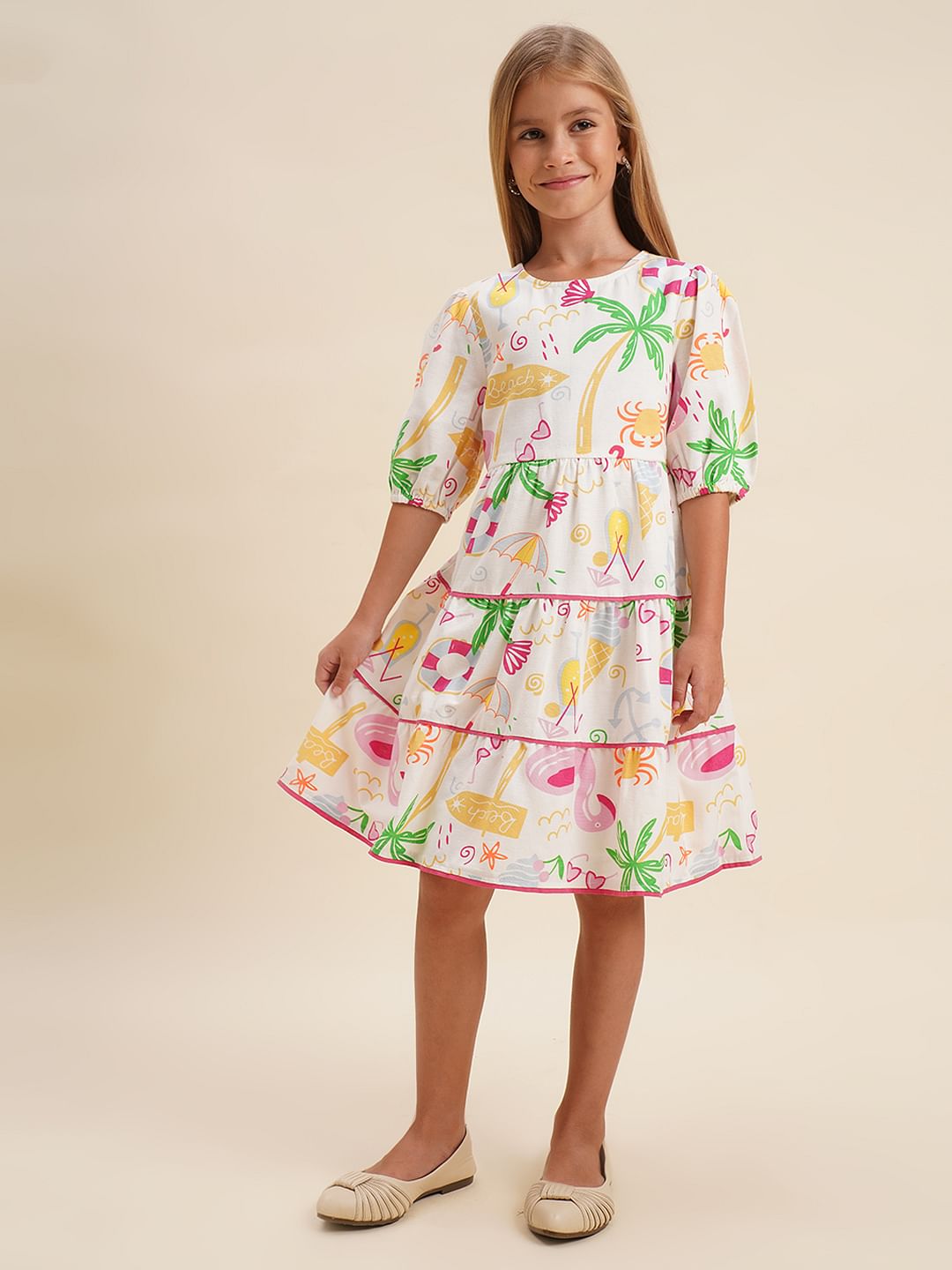 Girls White Printed Dress