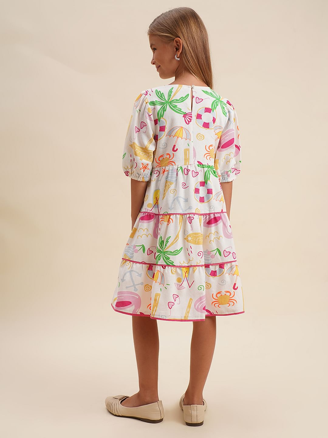 Girls White Printed Dress