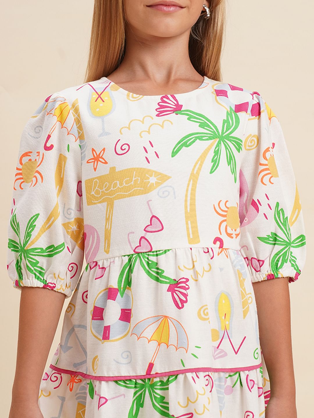 Girls White Printed Dress