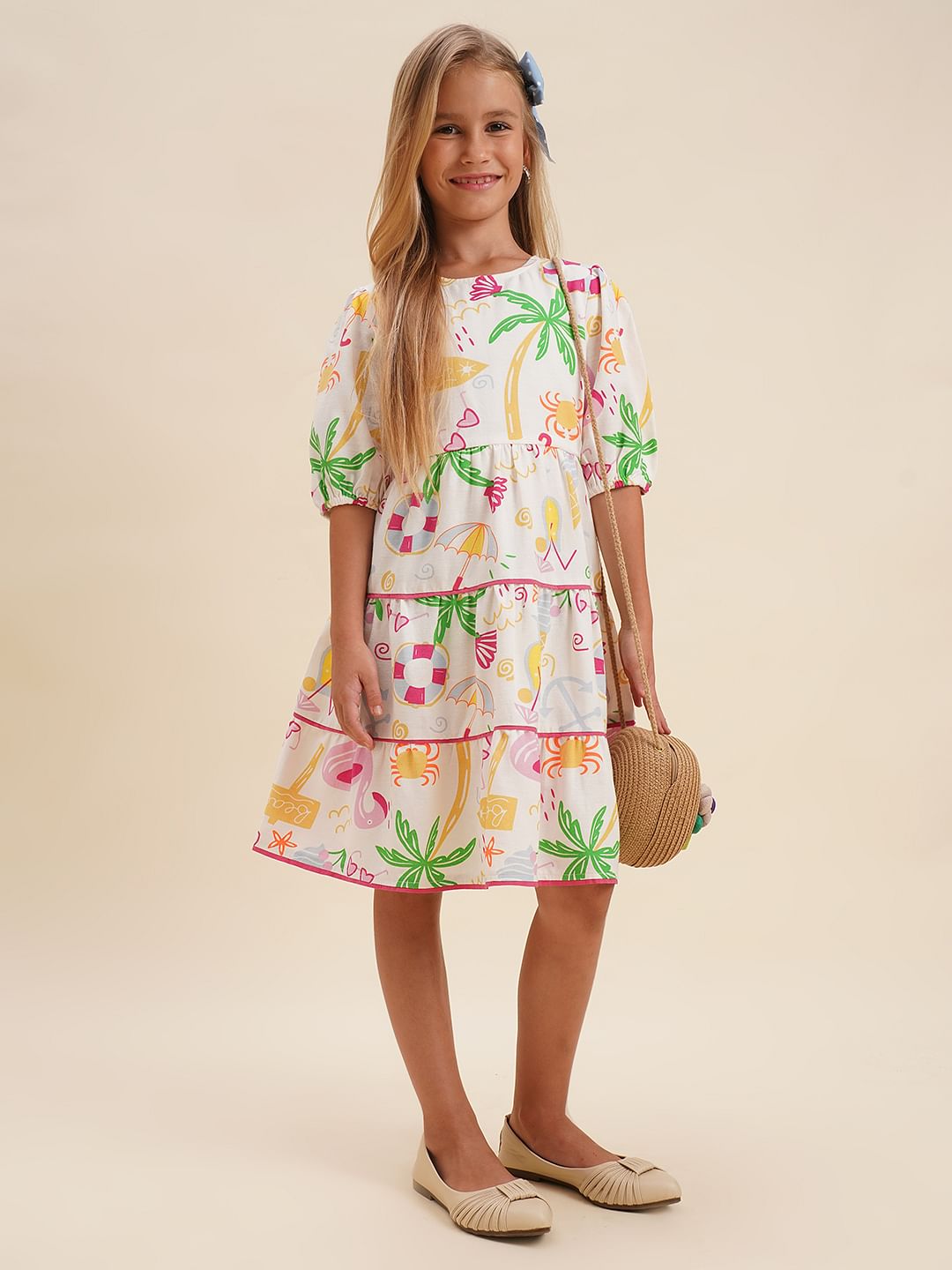 Girls White Printed Dress