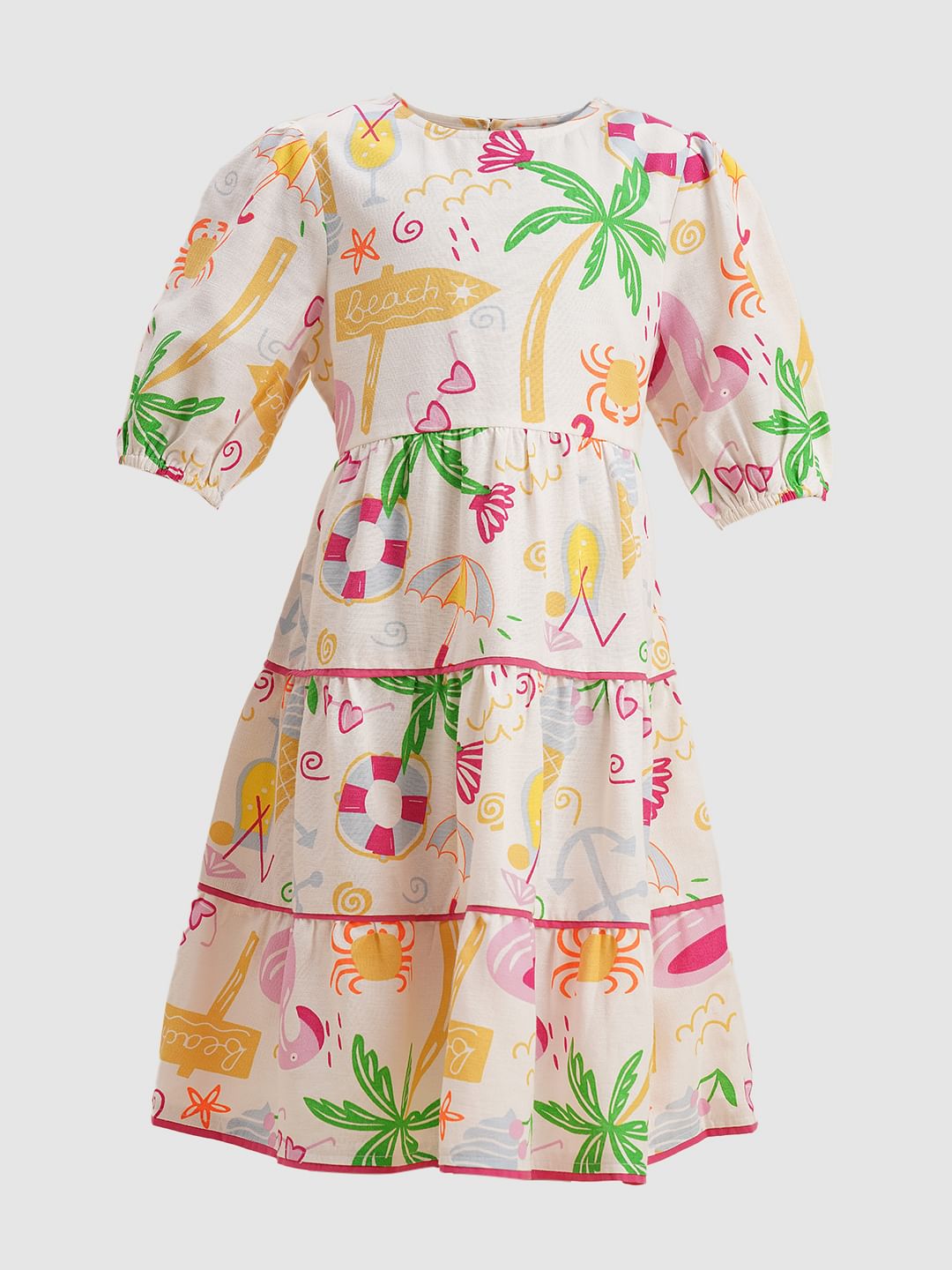 Girls White Printed Dress