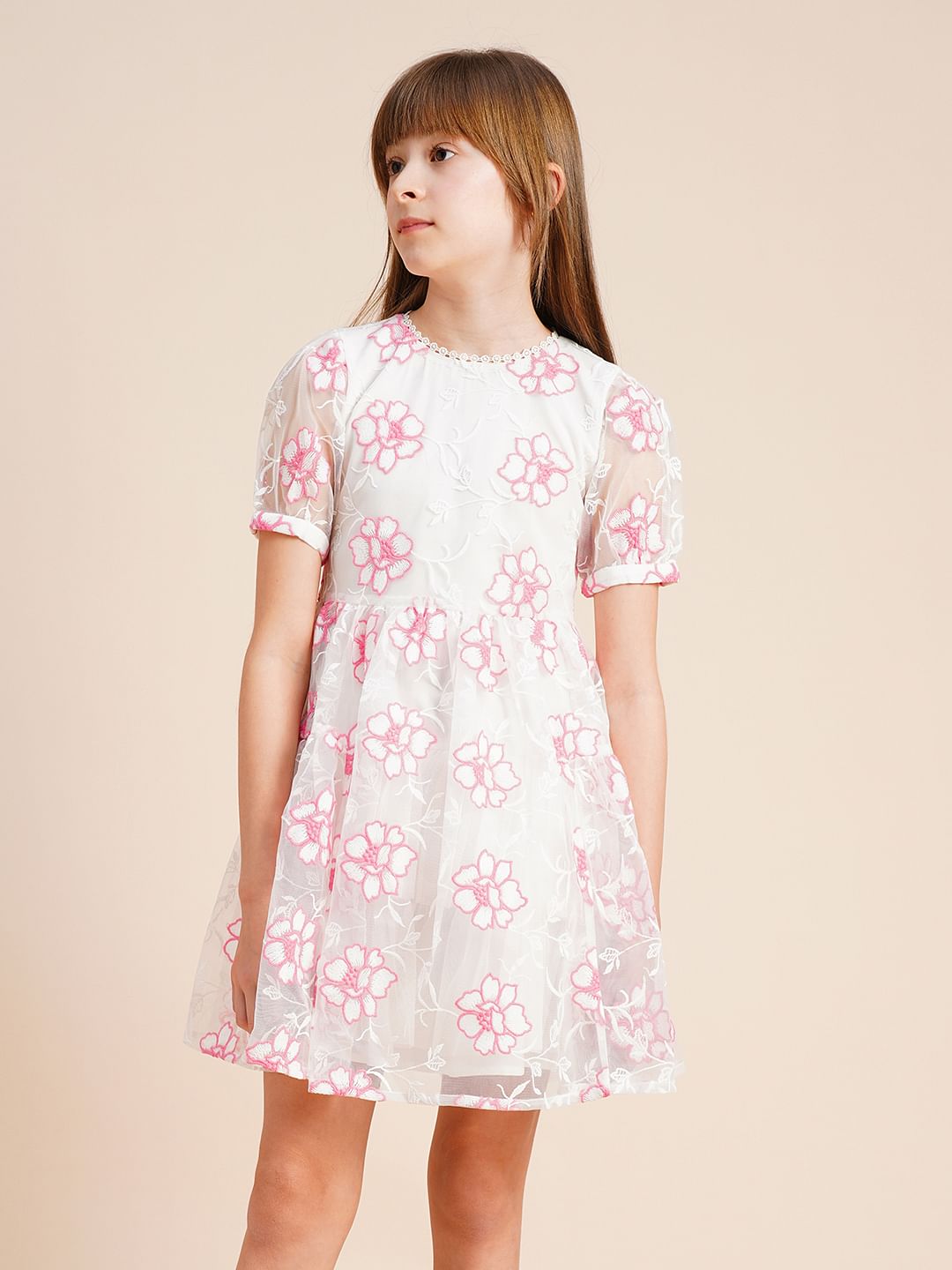 Girls White Contrast Embroidery Dress