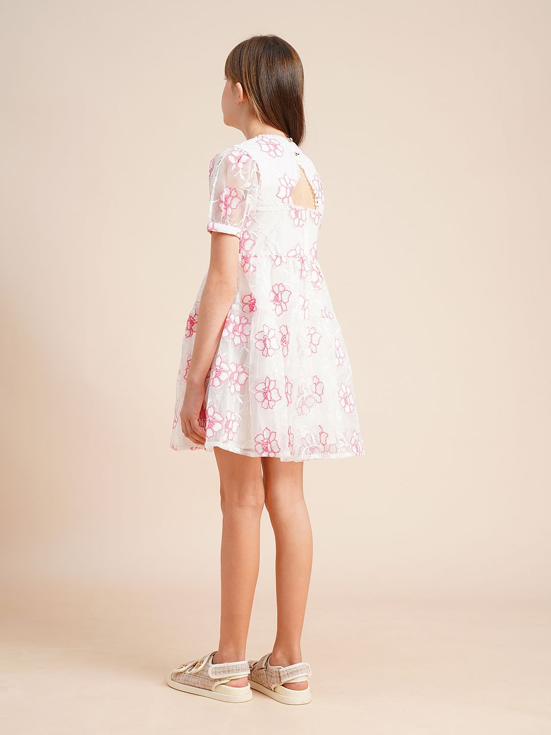 Girls White Contrast Embroidery Dress