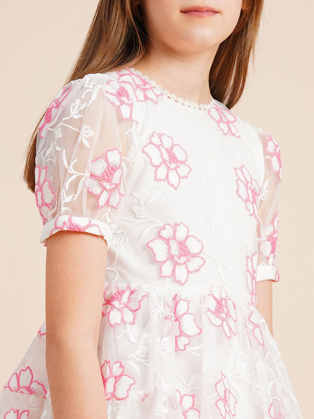 Girls White Contrast Embroidery Dress