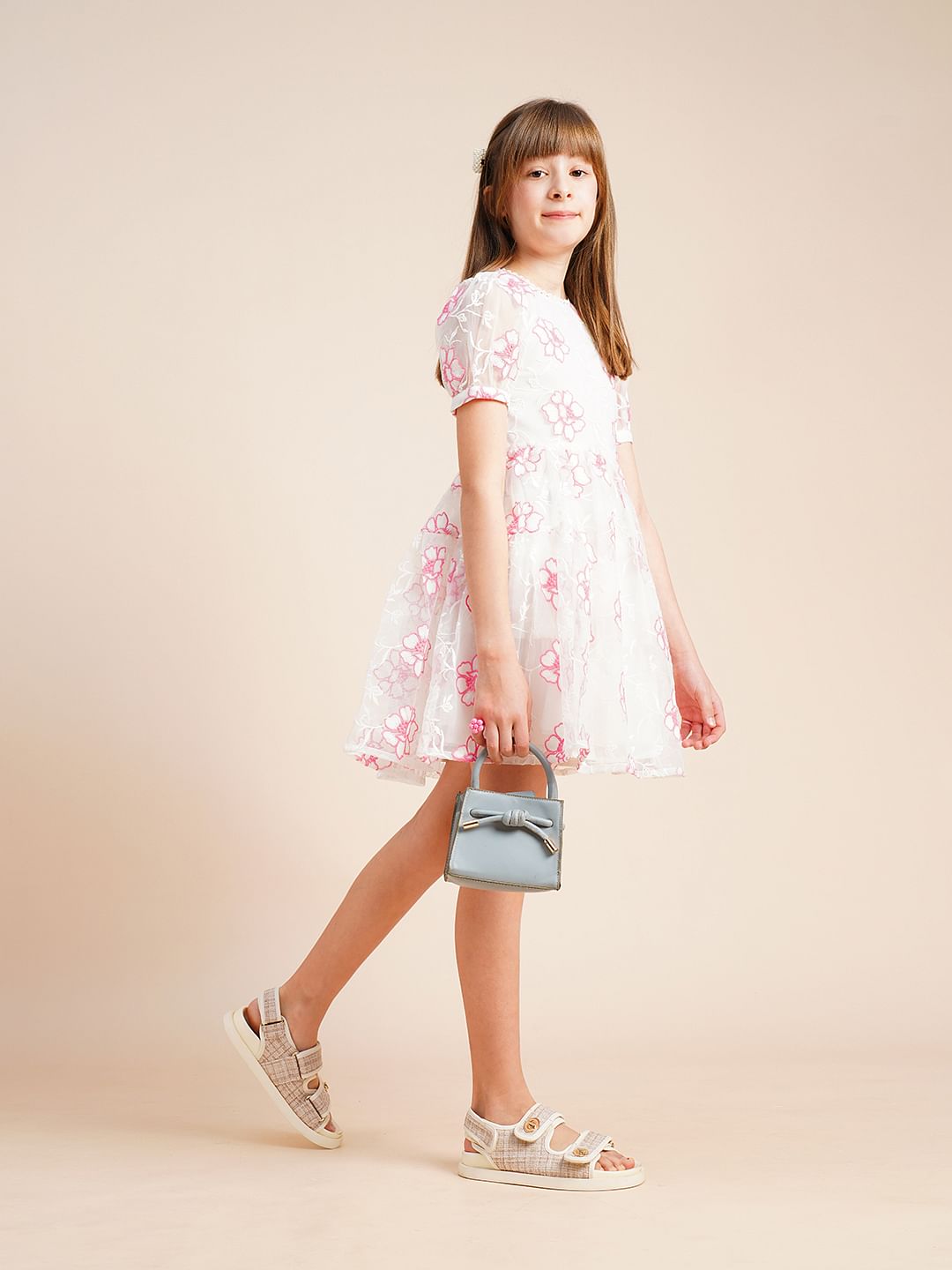 Girls White Contrast Embroidery Dress