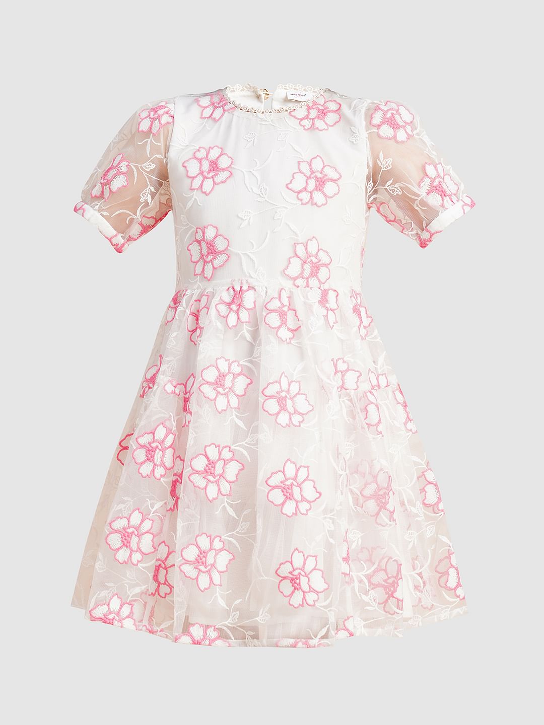 Girls White Contrast Embroidery Dress