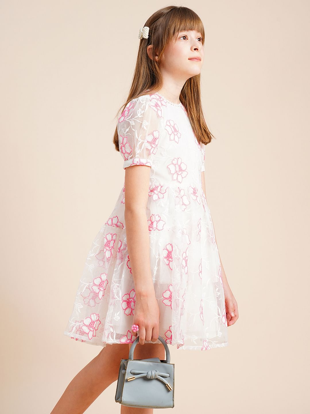 Girls White Contrast Embroidery Dress