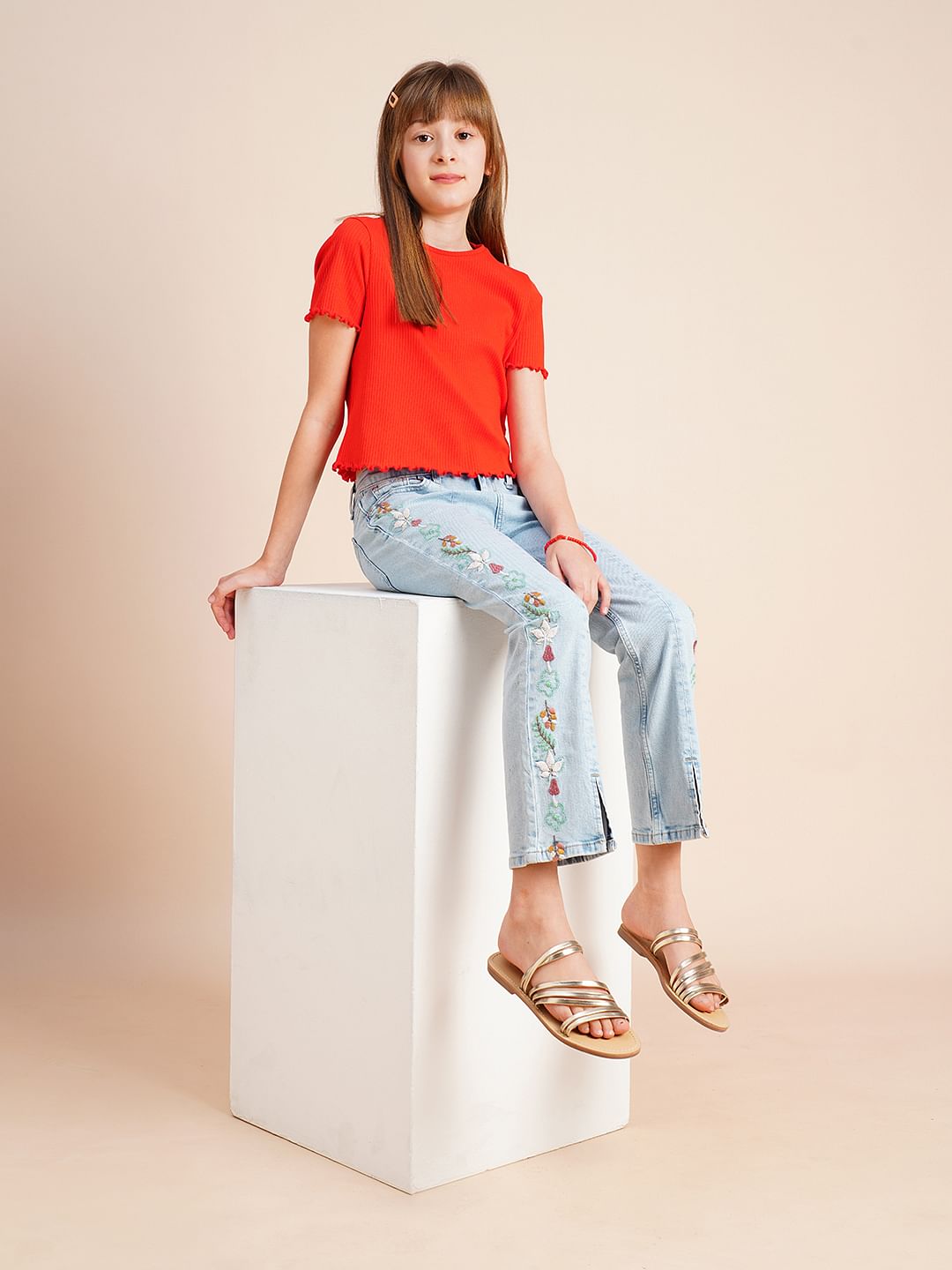 Girls Blue Embroidered Print Bootcut Jeans