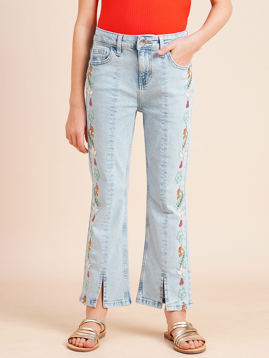 Girls Blue Embroidered Print Bootcut Jeans