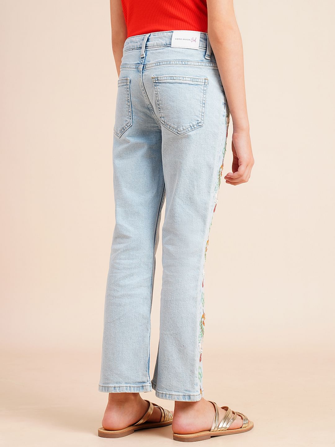 Girls Blue Embroidered Print Bootcut Jeans