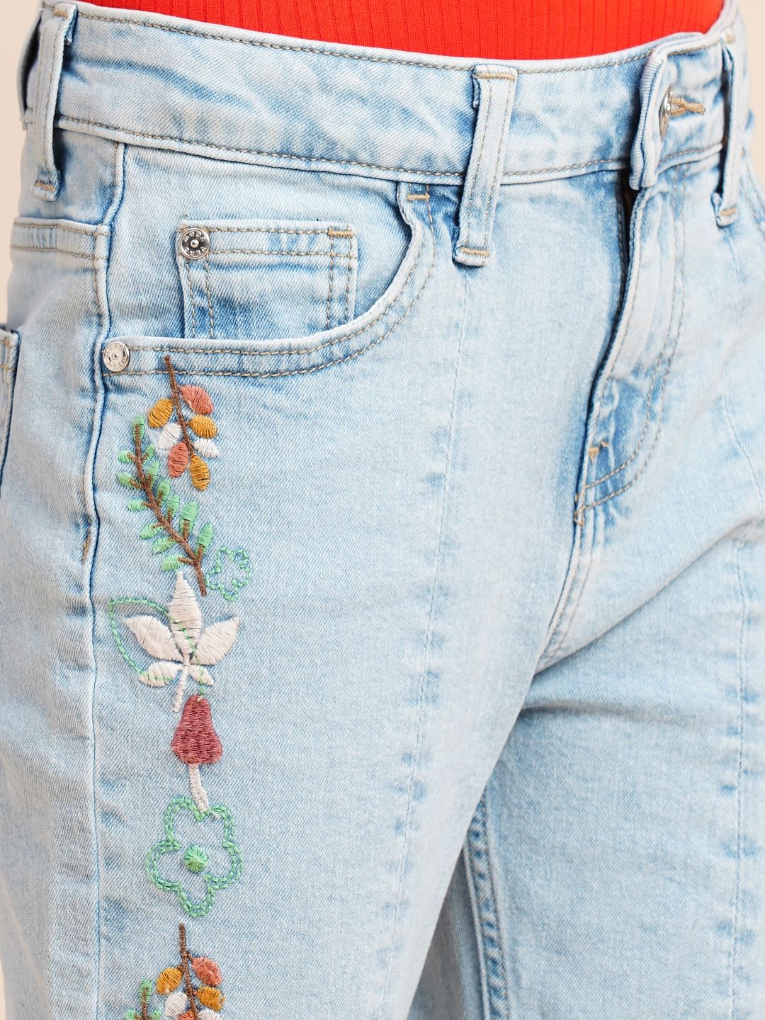 Girls Blue Embroidered Print Bootcut Jeans