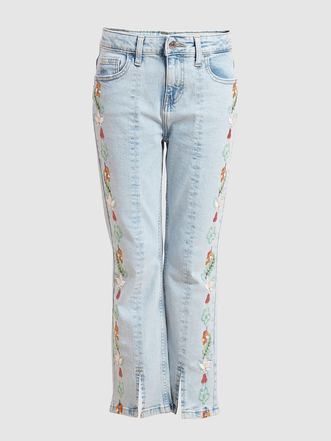 Girls Blue Embroidered Print Bootcut Jeans