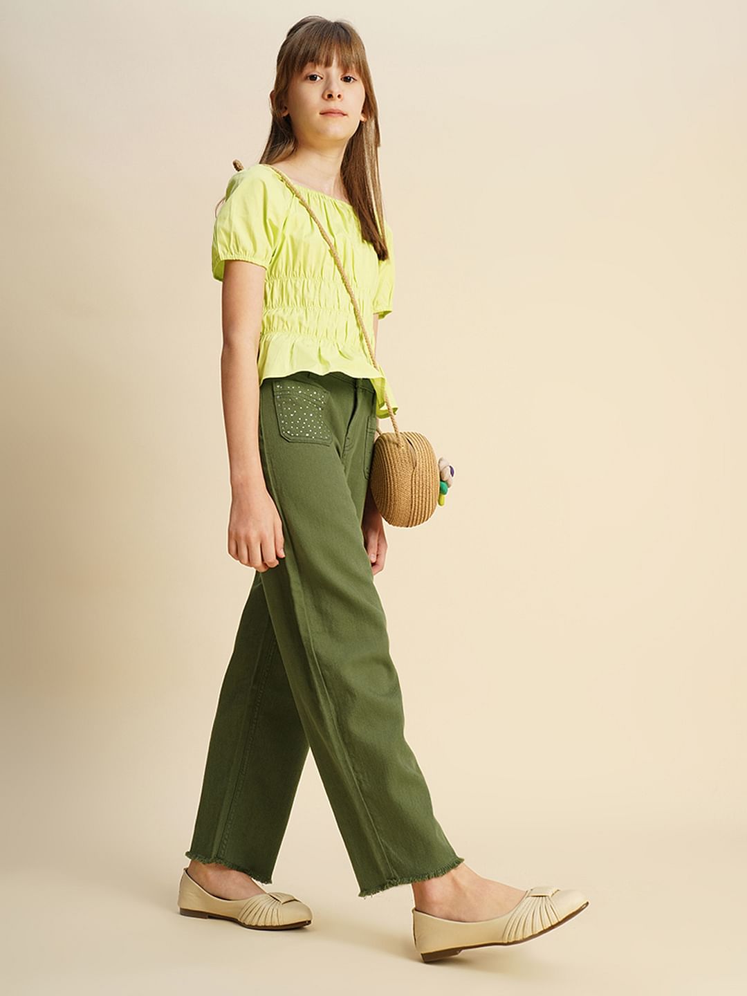 Girls Green Embellished Wide Leg Jeans